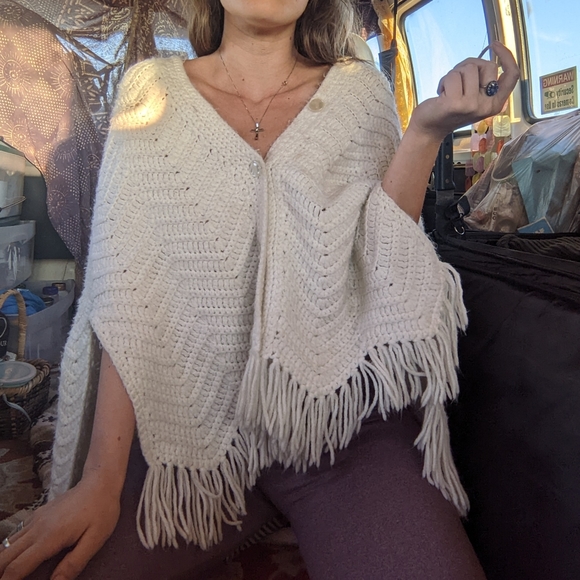 Sweaters - SALE White Crochet Button Up Grandma Shawl Sweater